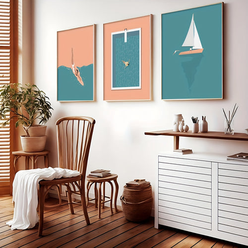 3-piece diver &amp; sailboat canvas print set - without frame 