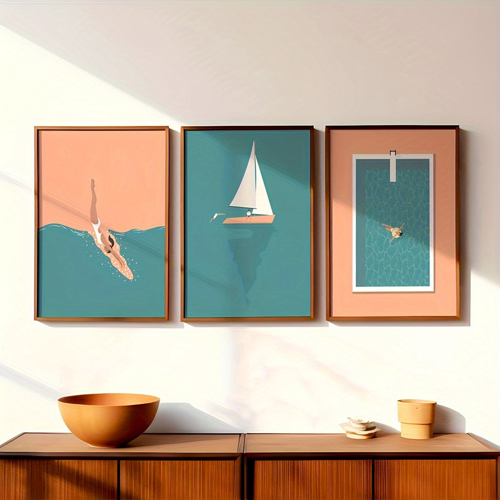 3-piece diver &amp; sailboat canvas print set - without frame 